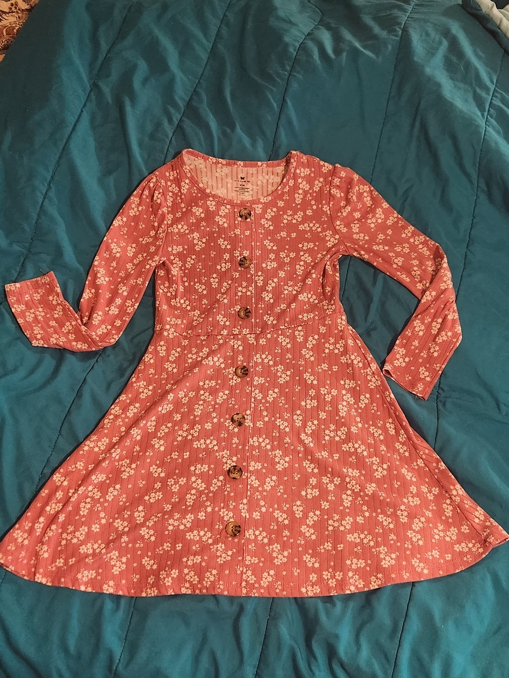 One Step Ahead Coral Pink Floral Button-Front Girls Dress